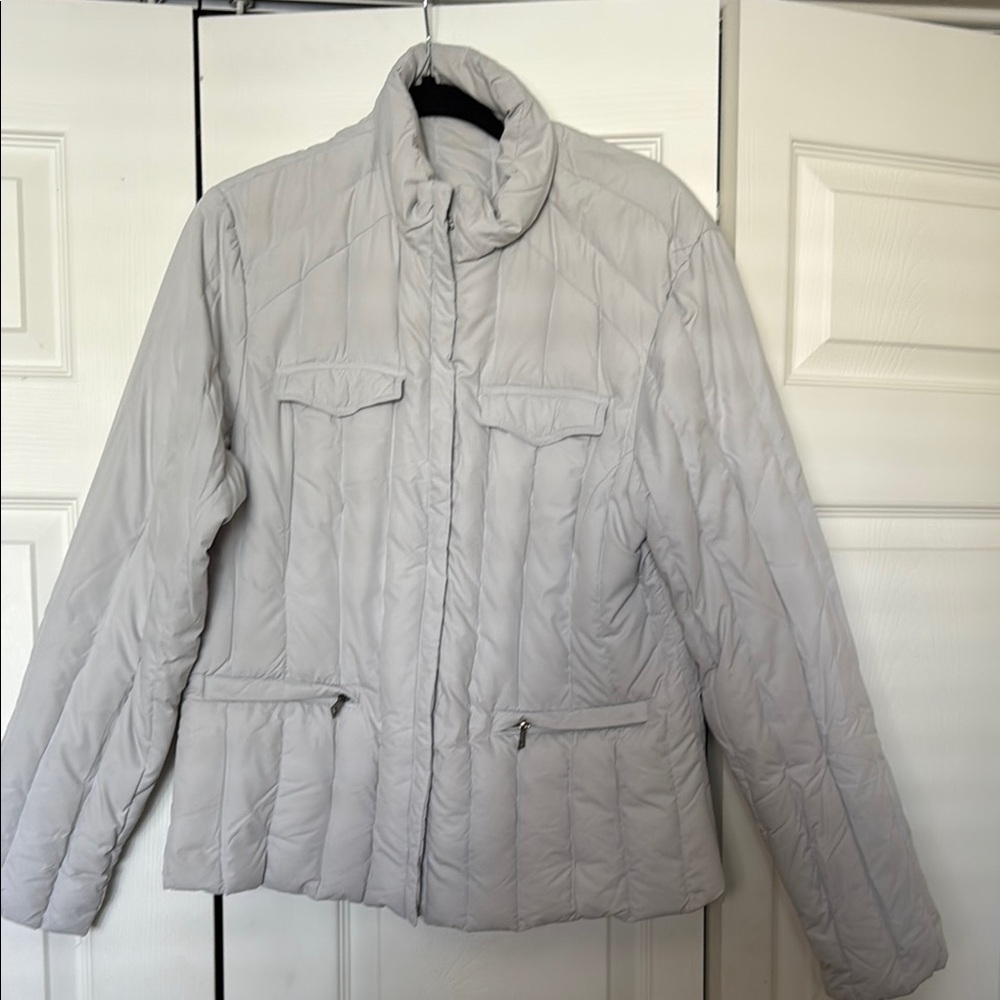 Donatova Gray Light weight Quilted Down Puffer Jacket with Stand-Up Collar